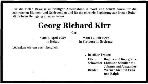 Kirr Georg Richard 1959-1999 Todesanzeige